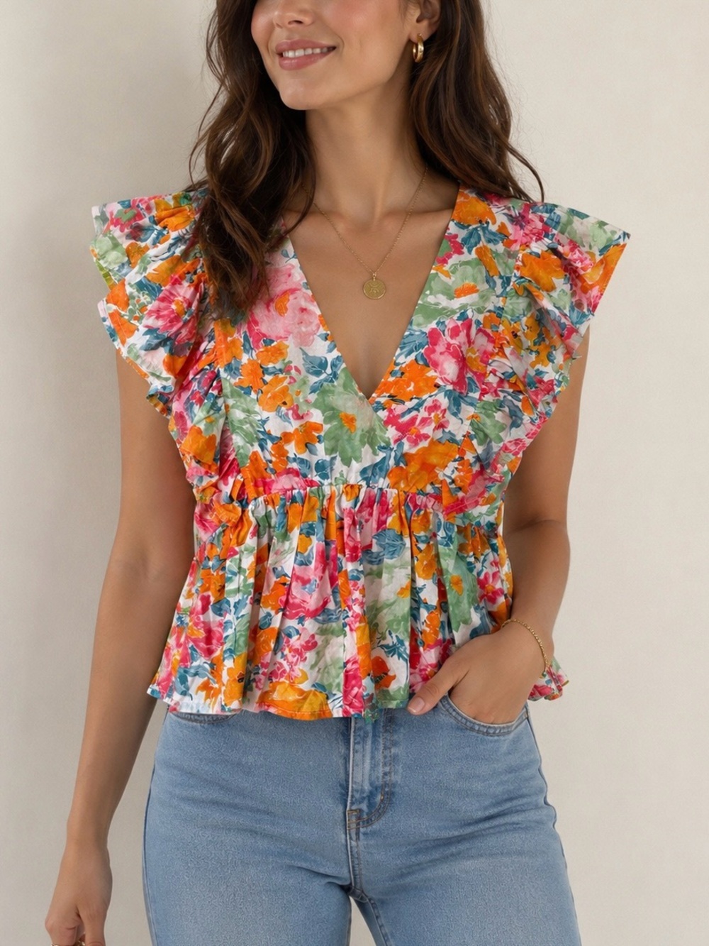Entro Floral V-Neck Ruffle Sleeve Top - Pink & Orange